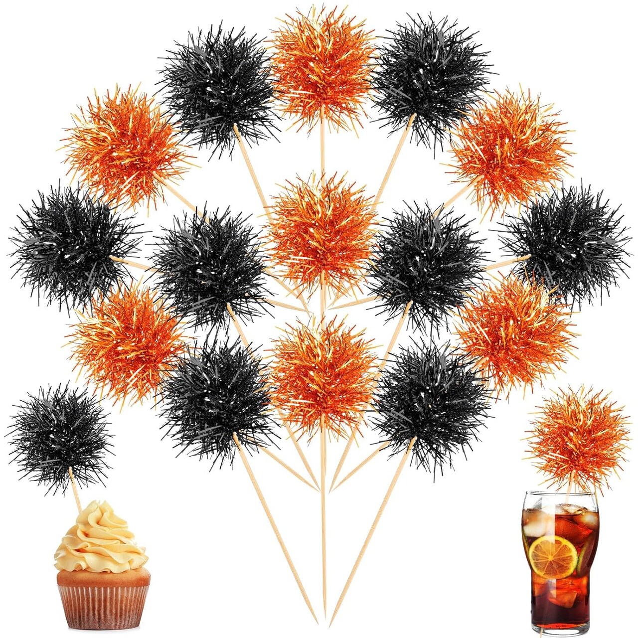 100-Pack Foil Firework Cupcake Toppers – Sparkling Tinsel Cake Picks for Cupcakes, Cocktails & Fruit Trays – Perfect for Birthdays, Weddings, Graduations & Party Decorations (Orange & Black) 1.77"W x 5.91"H